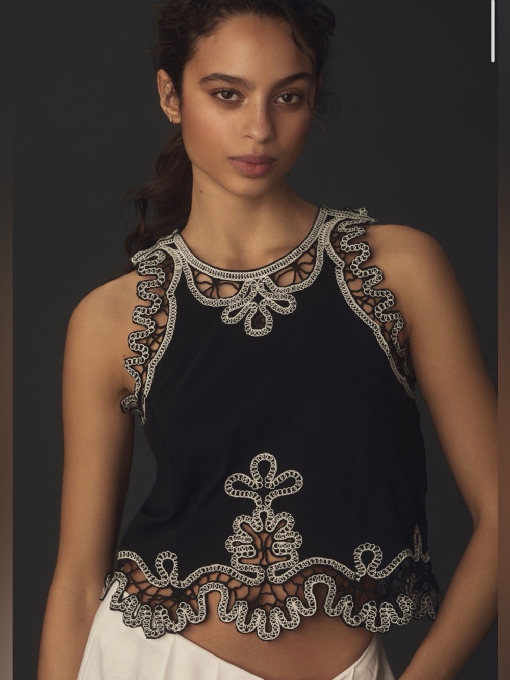 NWT Anthropology Embroidered Black Cropped Tank Top